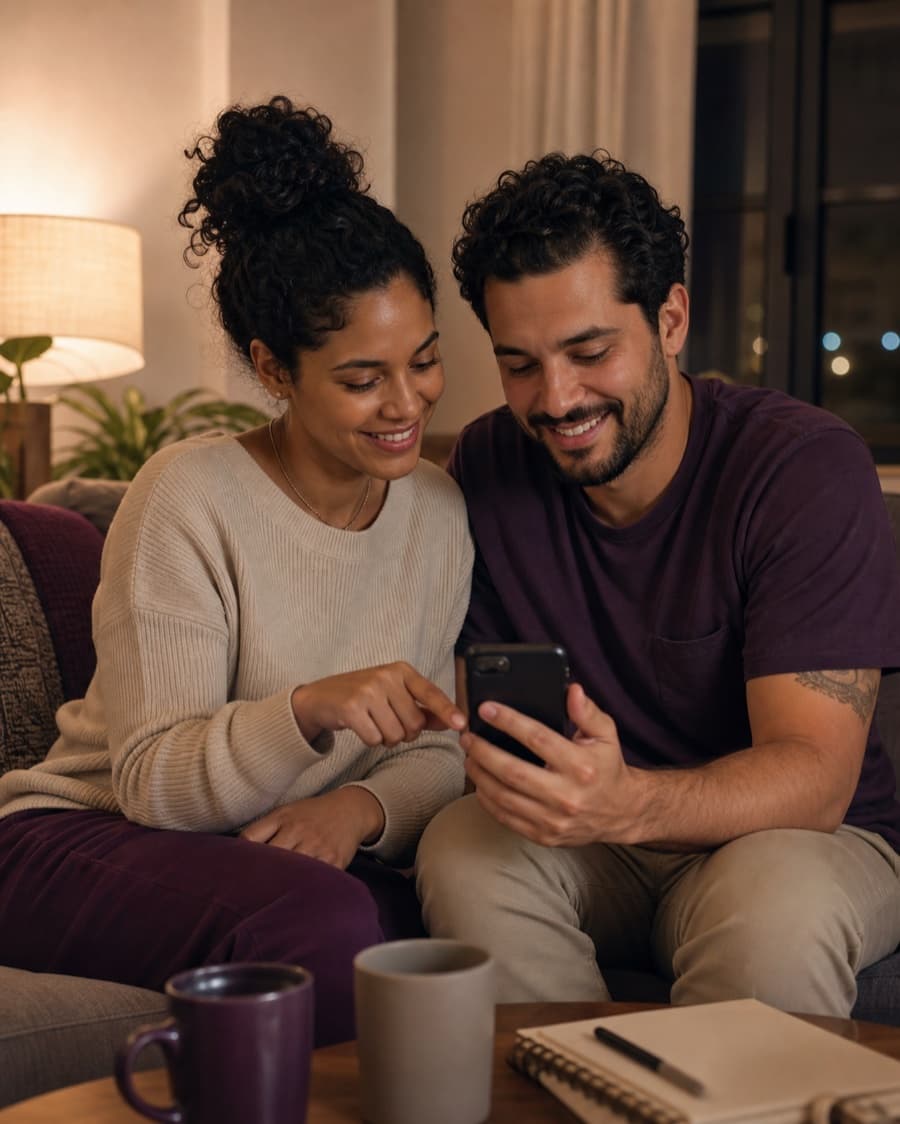 Casal consultando junto as finanças da casa pelo celular