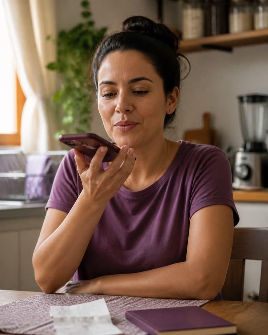 Mulher enviando uma mensagem de áudio pelo celular em uma cozinha